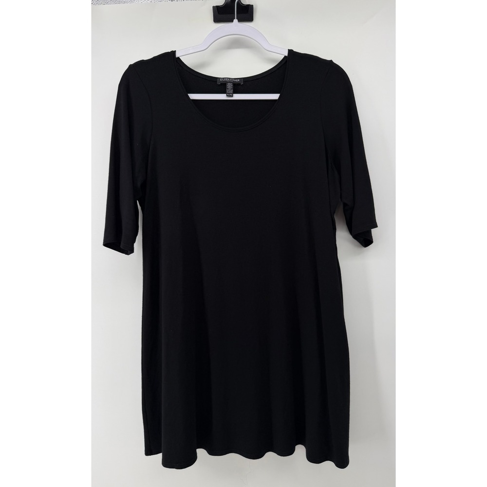 Eileen Fisher Petite Large Black Viscose Jersey Scoop Neck Elbow Sleeve Tunic